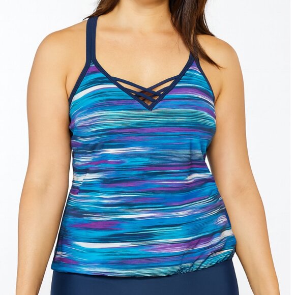 Lands’ End Tankini Swim Top Size Small 4/6 Blue Purple Striped Criss Cross Back - Picture 1 of 6